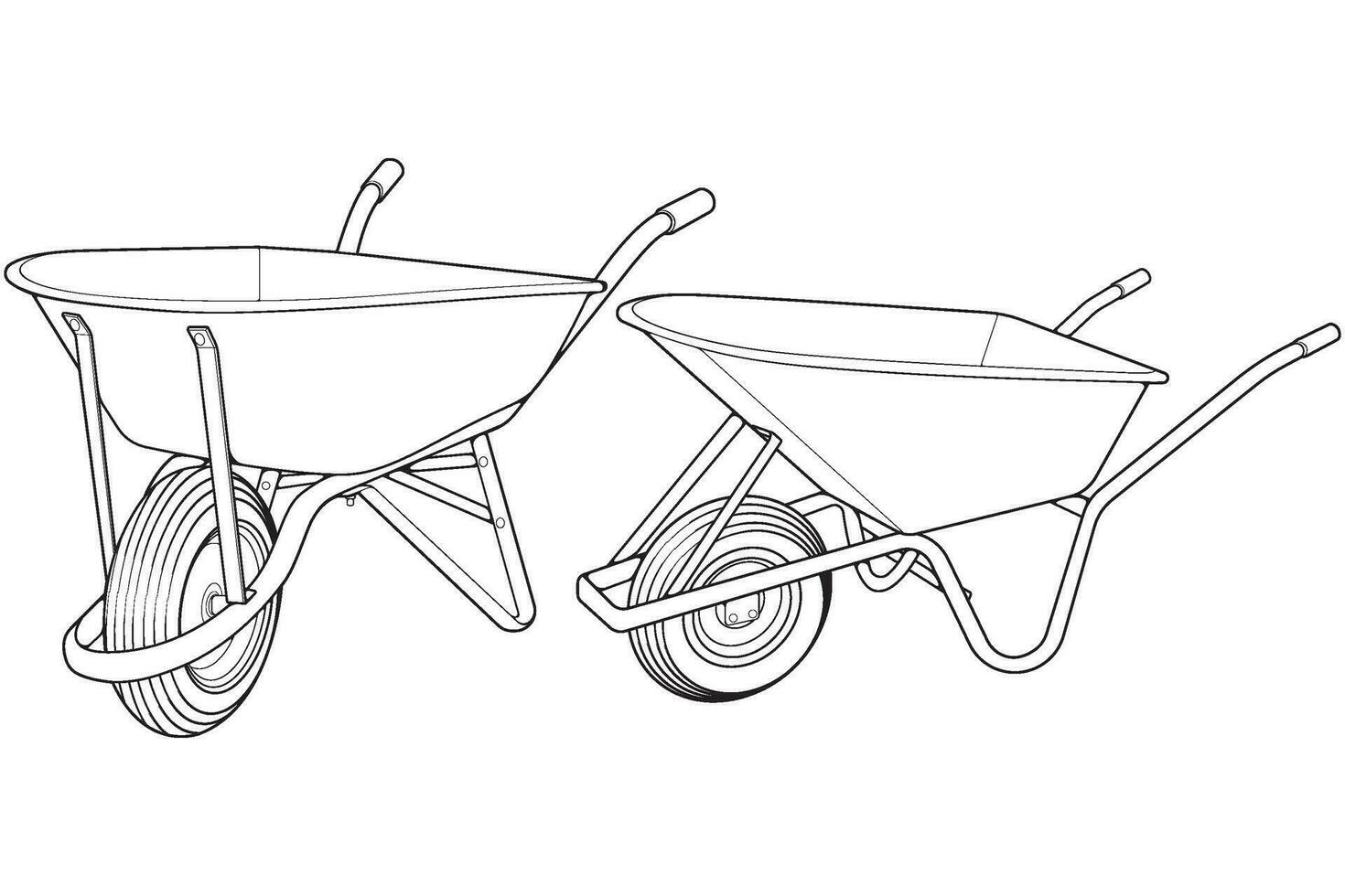 Set of single Wheel Barrow vector .Trolley line art vector illustration isolated on white background.  Wheel Barrow outline illustration.