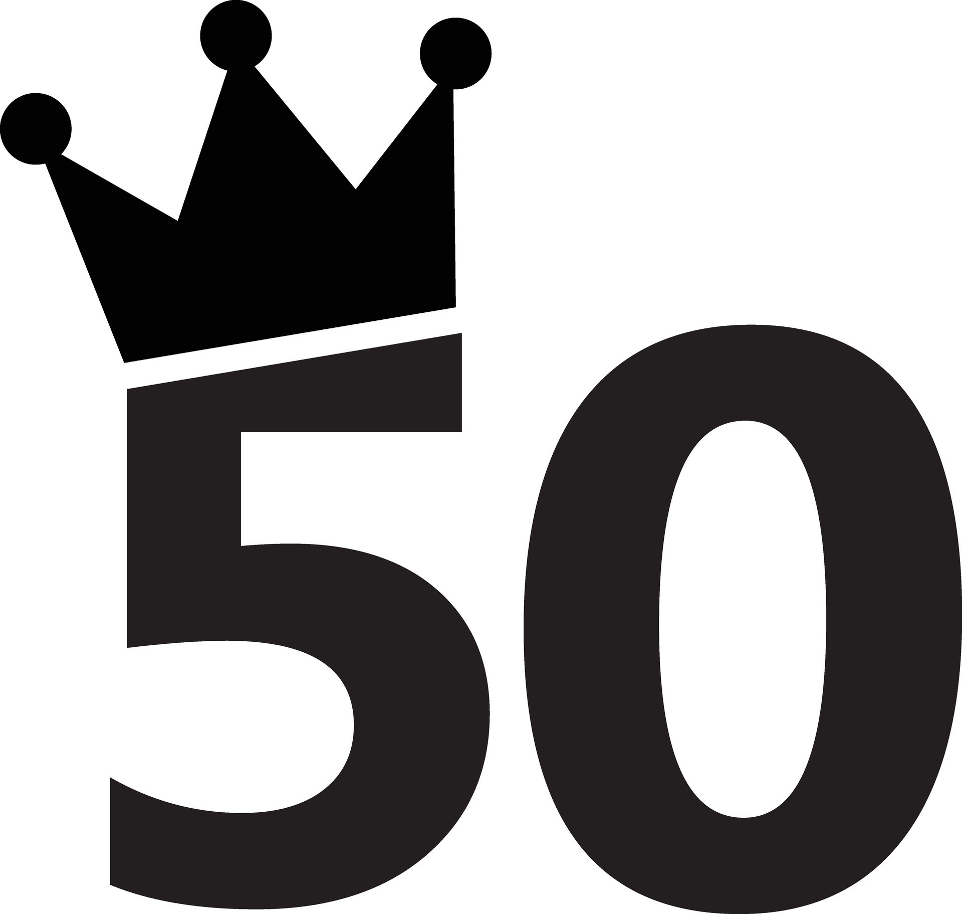 Number 50 with a crown on the top icon. 50th Birthday number crown sign