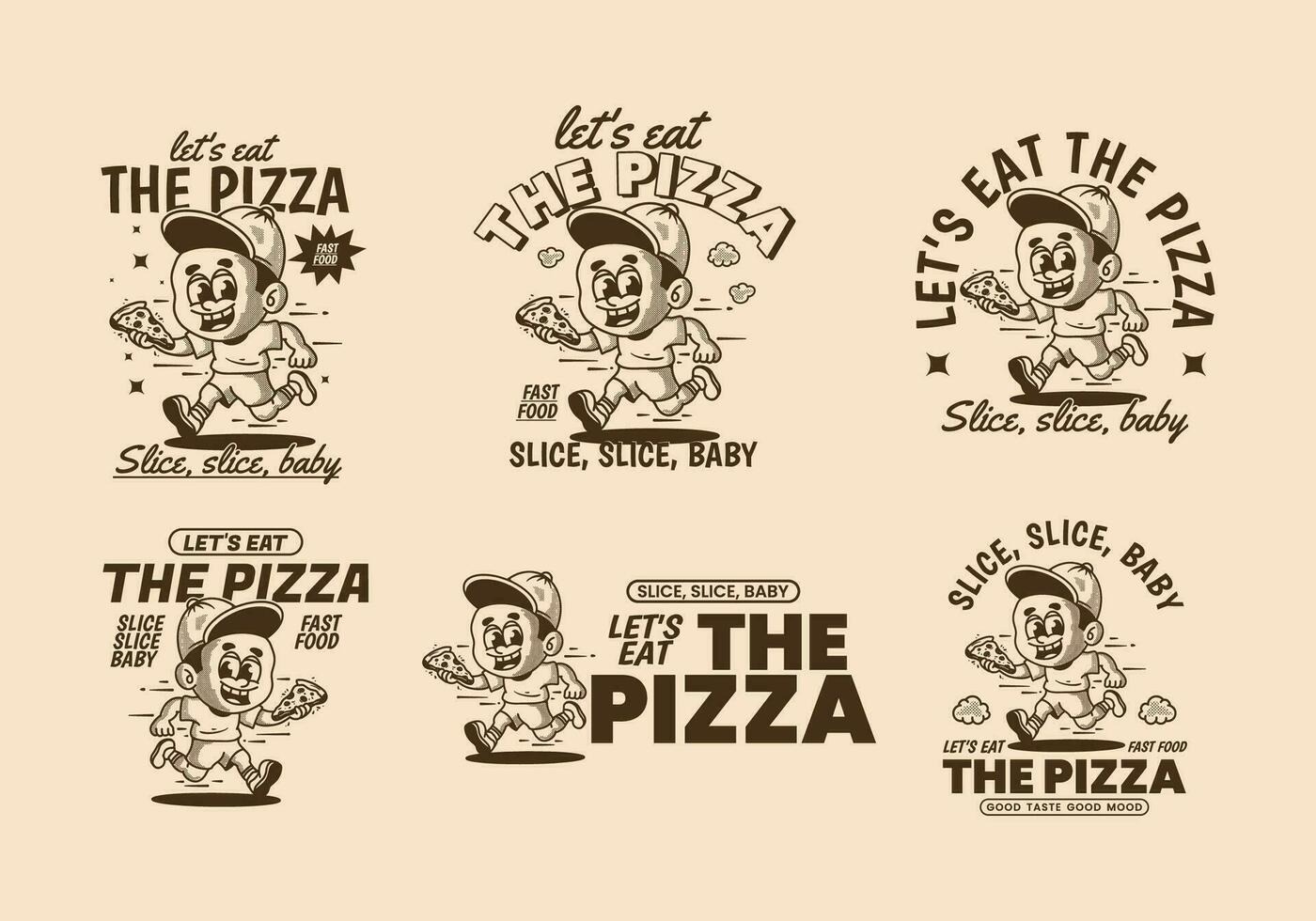 Let's eat the pizza, illustration of a little boy running and holding a slice of pizza vector