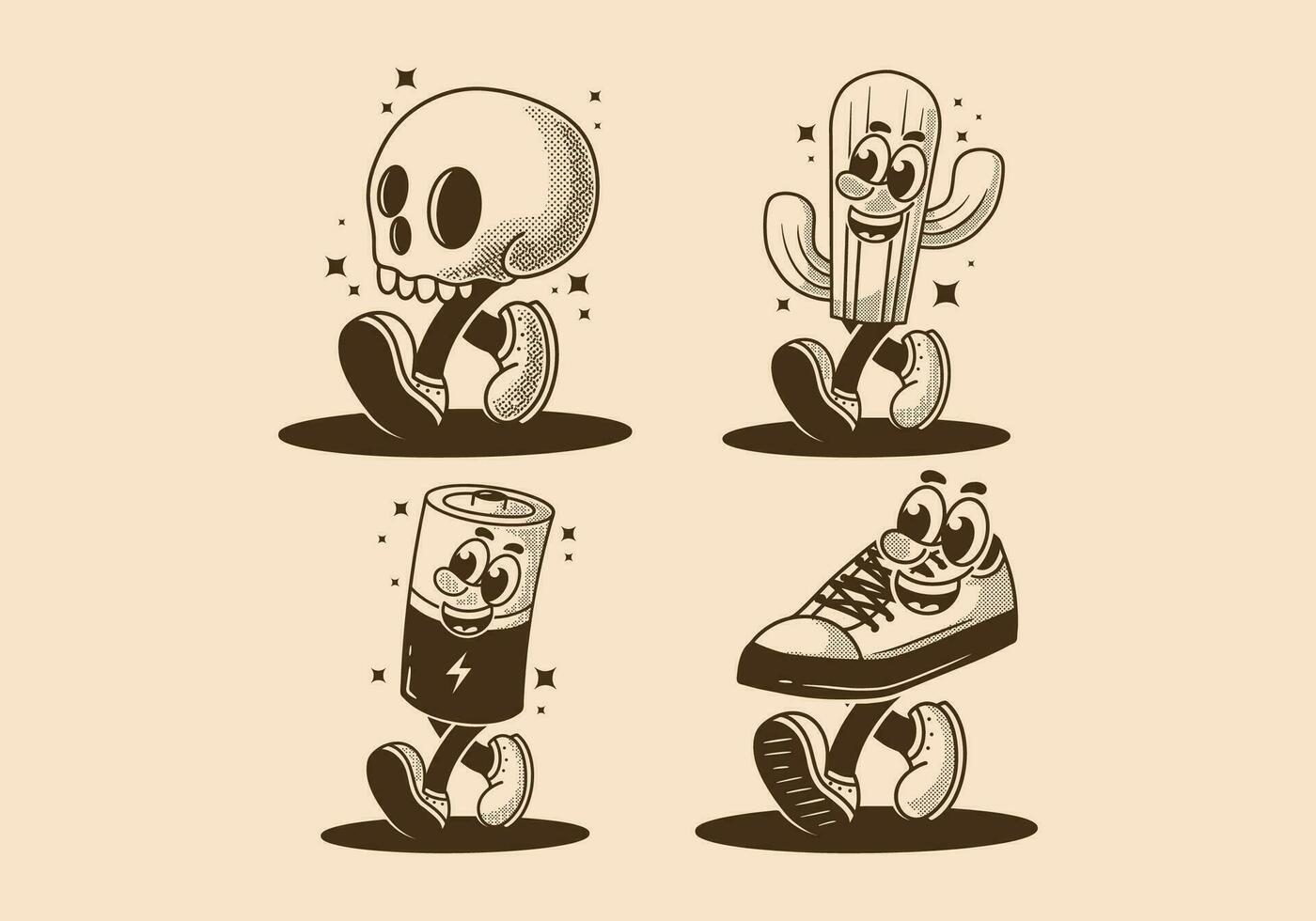 mascota personaje ilustración de caminando cráneo, cactus, batería y zapato vector