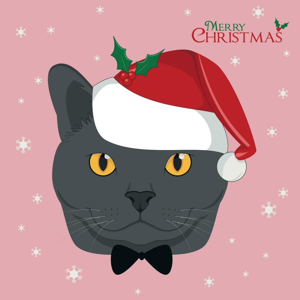 Christmas greeting card. Chartreux cat with red Santa's hat vector