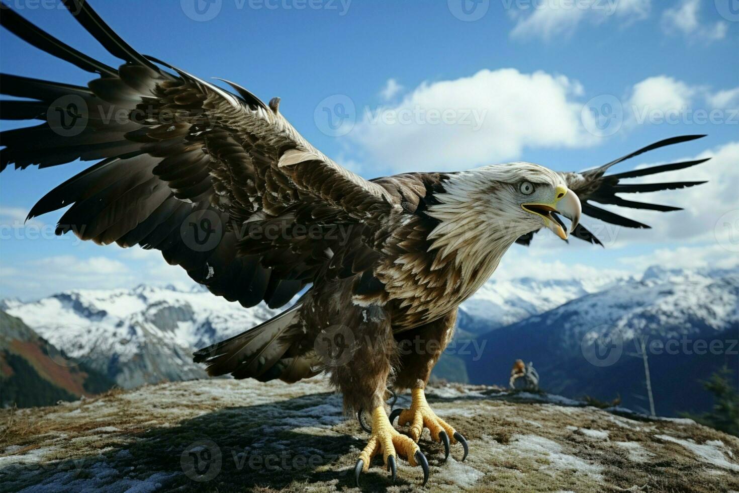 The awe inspiring sight of a majestic eagle soaring in clear skies AI Generated photo