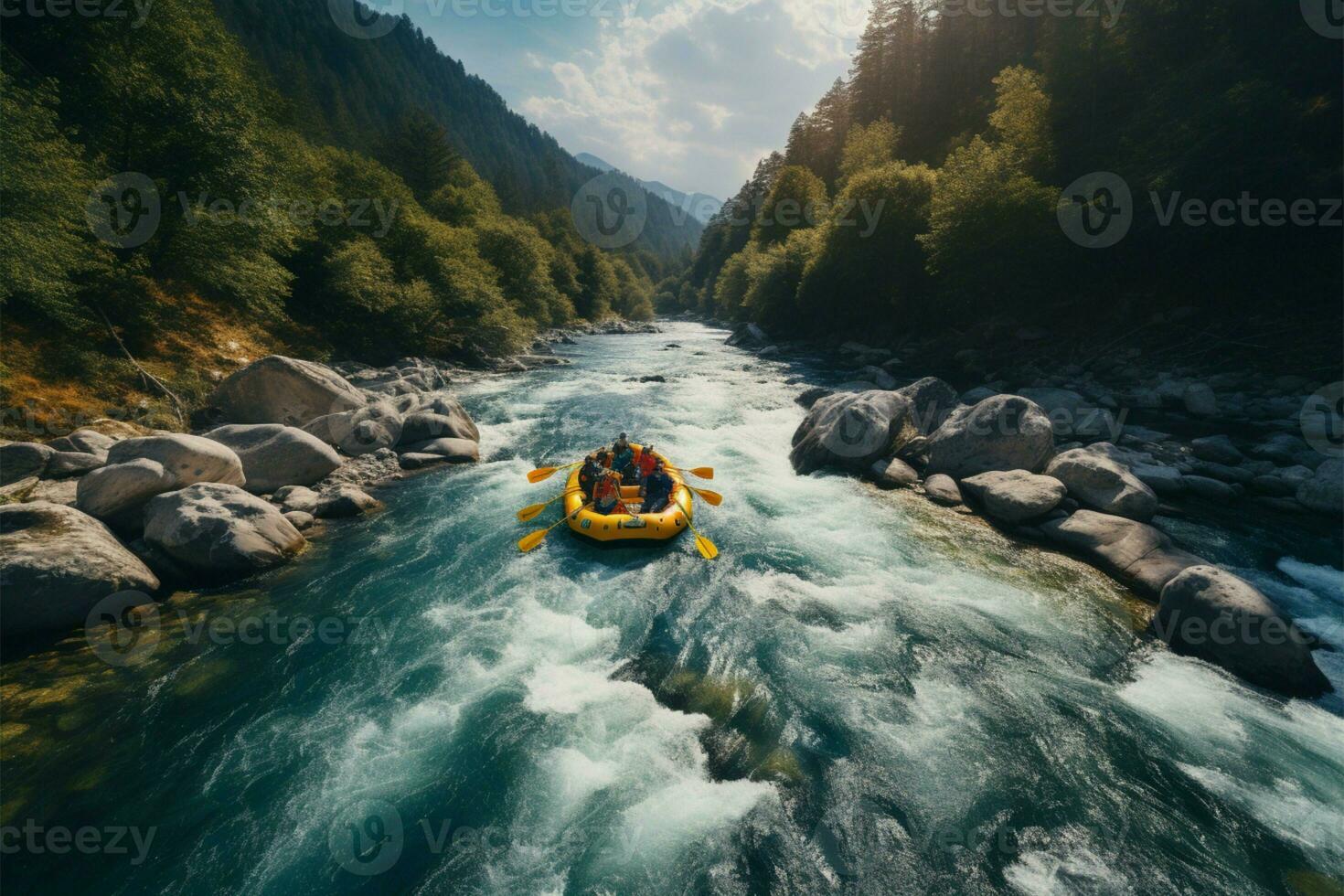 Aerial scene Adventurers find vitality in rafting a mountain creek AI Generated photo