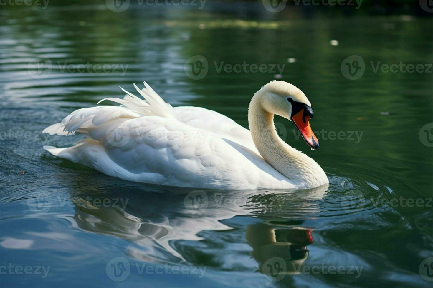 A swan with a striking red beak peacefully swims in a pond AI Generated photo