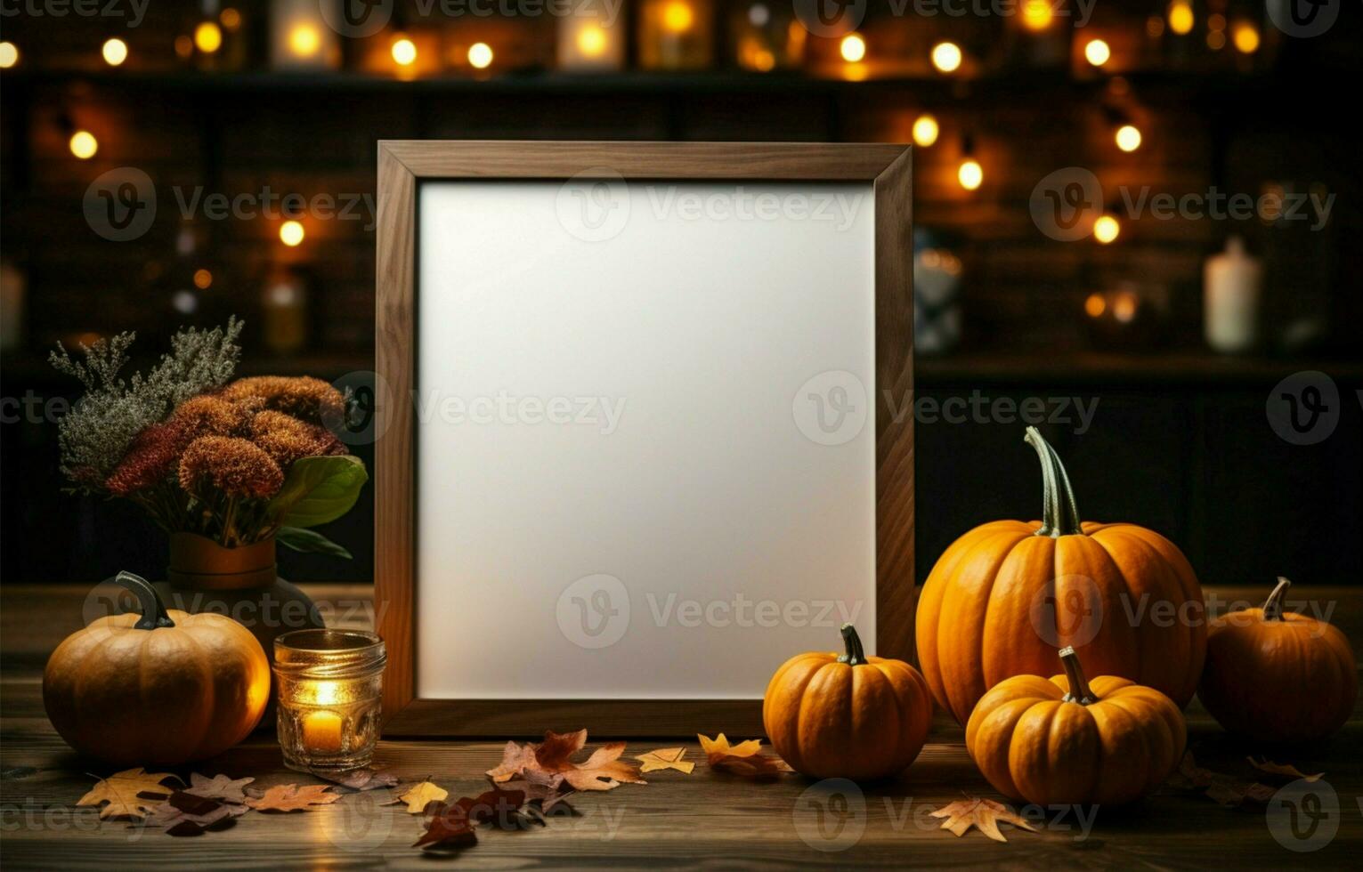 mesa burlarse de arriba marco, calabaza tema Víspera de Todos los Santos decoración con juguetón encanto ai generado foto