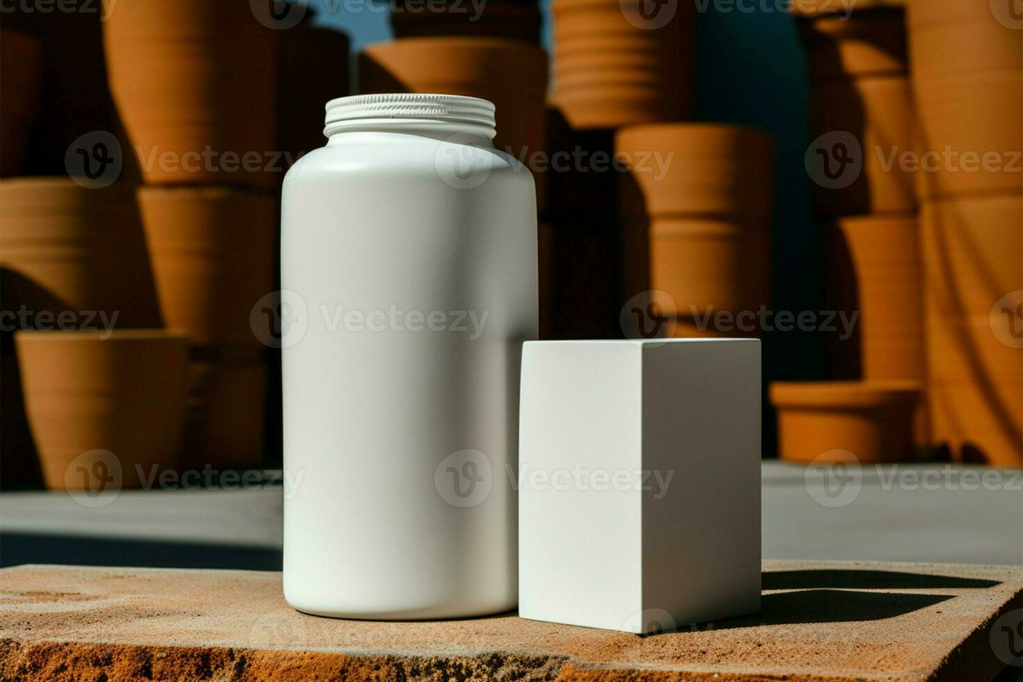 Contrast of a white bottle against a sturdy concrete block AI Generated photo