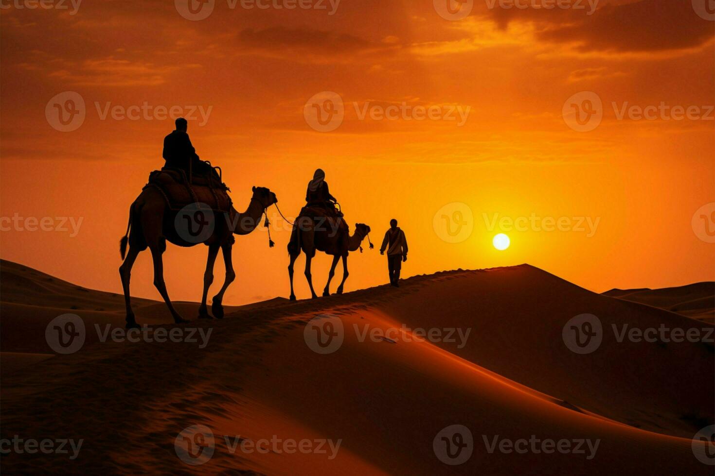 Cameleers guide camels through Thar Desert at picturesque sunset AI Generated photo