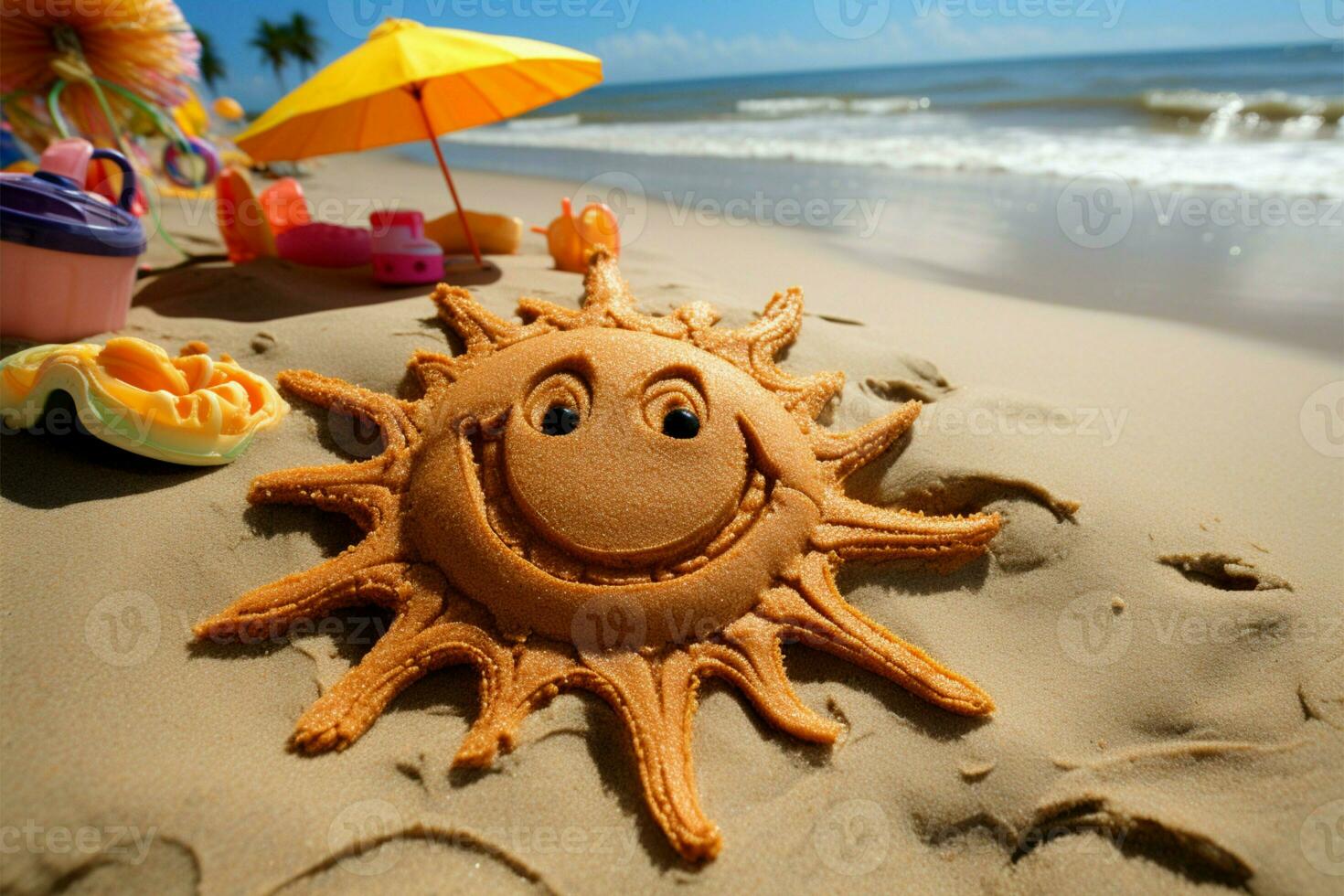 Childs artwork depicts a smiling sun on a Mexican beach AI Generated photo