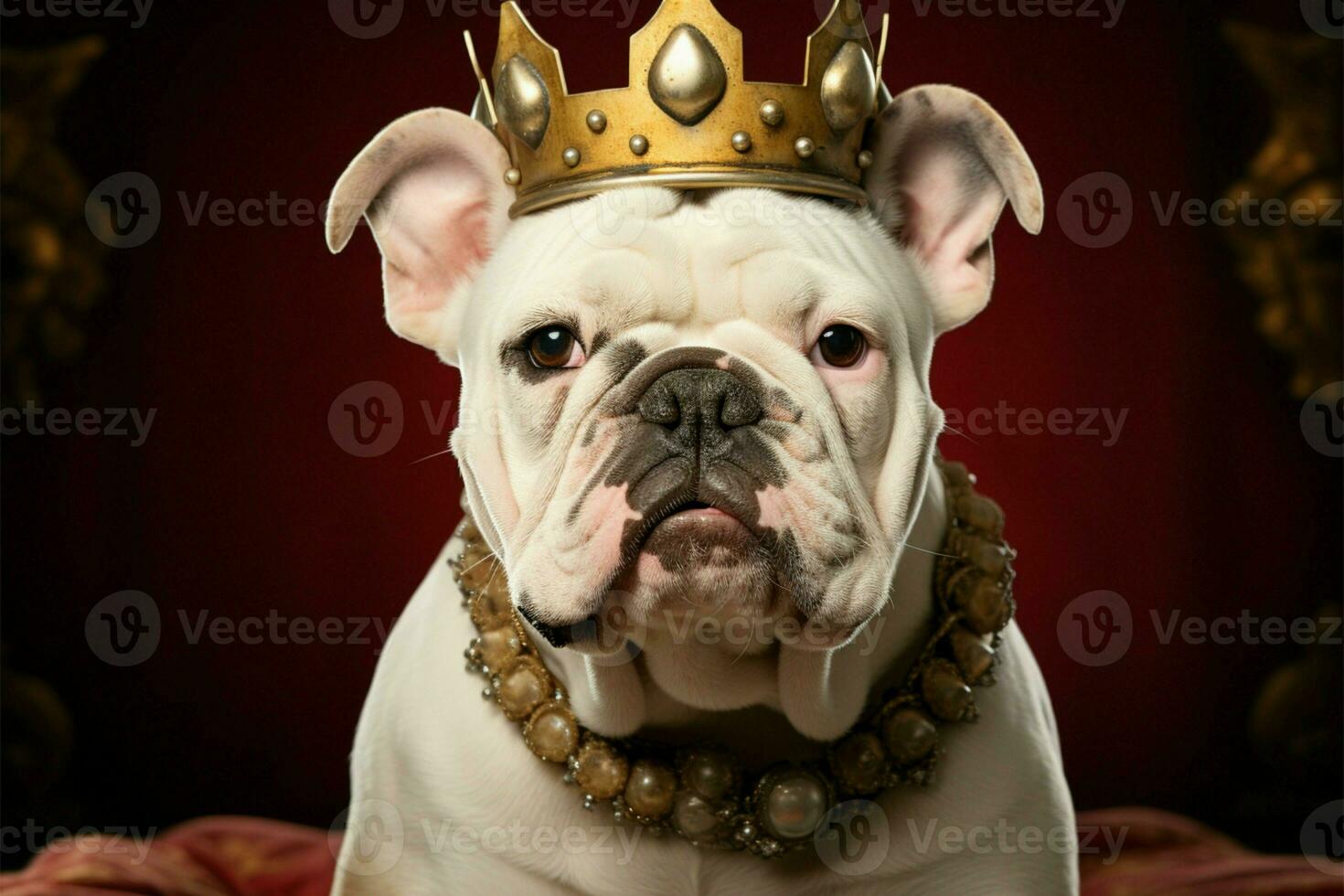 In regal splendor, a white bulldog pup dons a velvet crown AI Generated photo