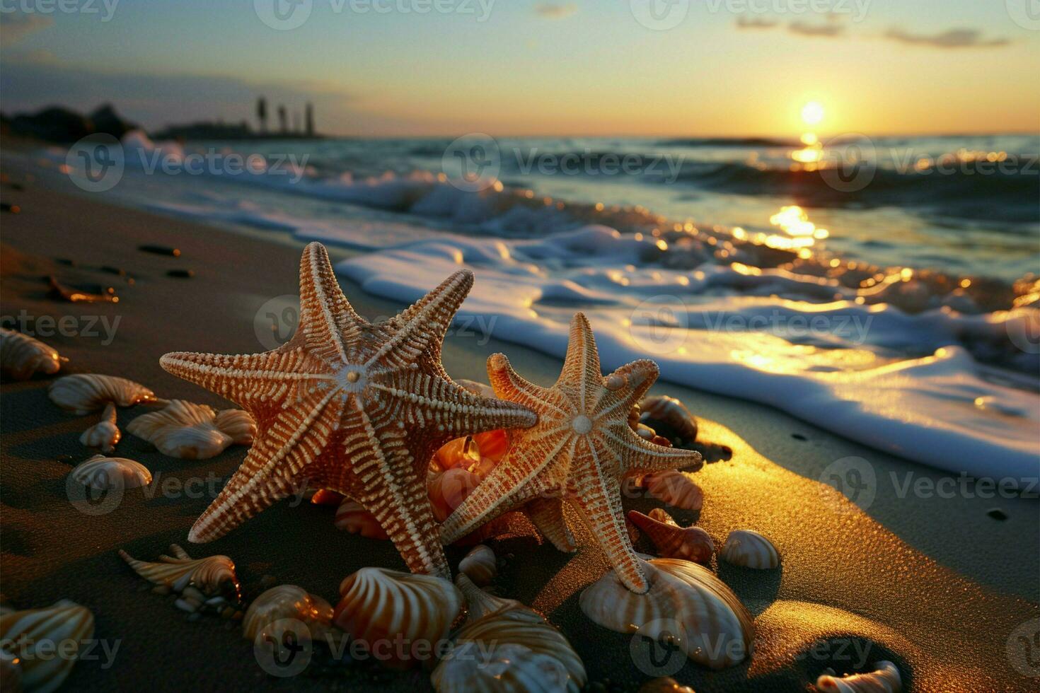 Sunset beach scene, two starfish rest on shore, basking in fading daylight AI Generated photo