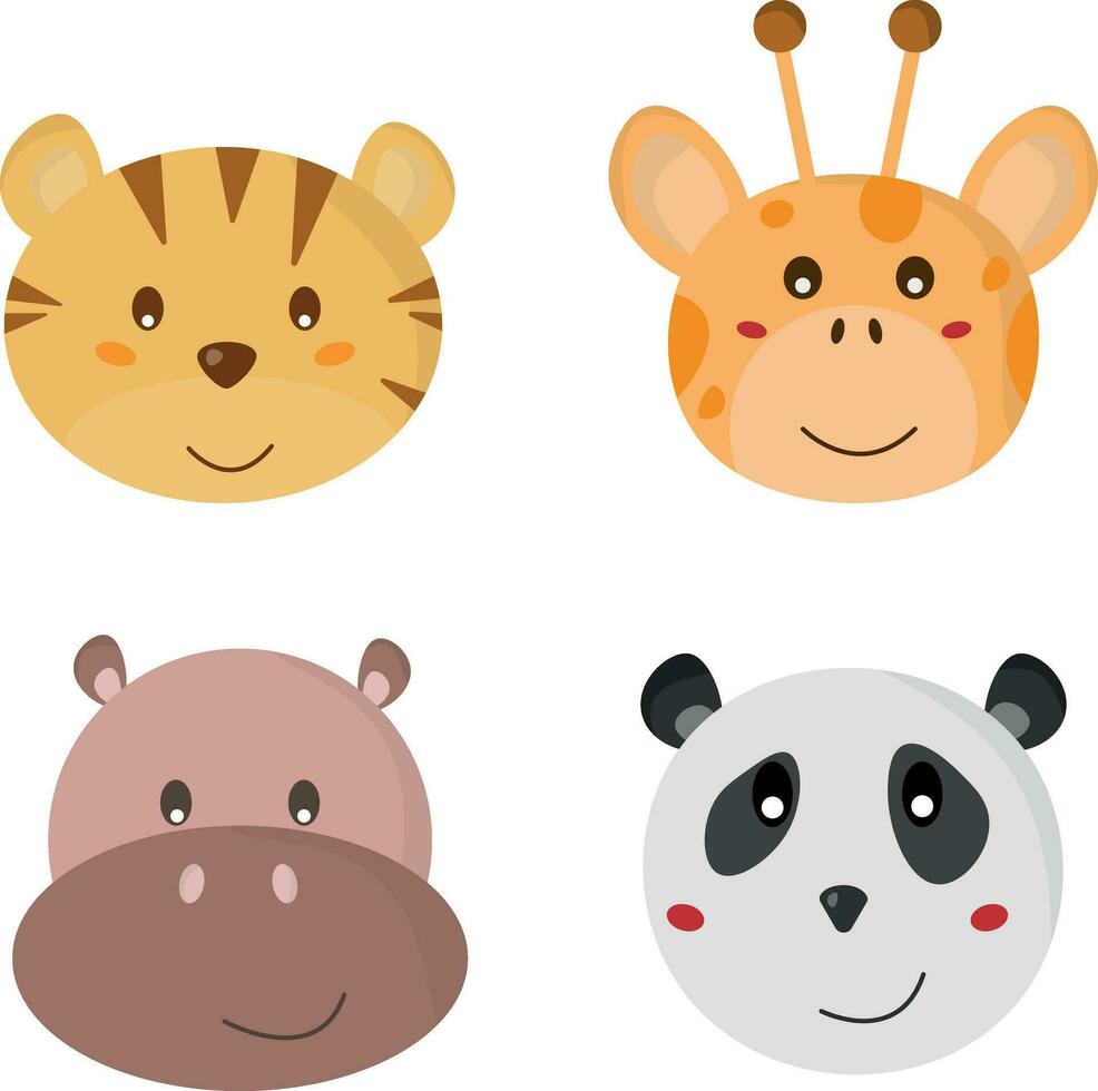 animal clipart, animal head, giraffe, tiger, hippopotamus, panda isolated on white background vector