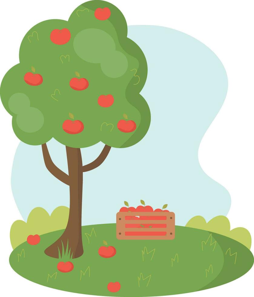 an apple tree and a wooden box with apples vector