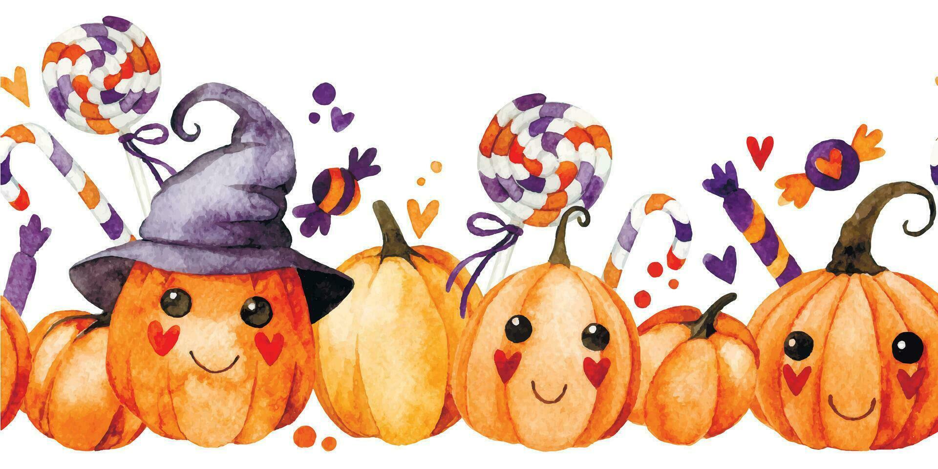 watercolor pattern, seamless border with cute Halloween pumpkins and candies and sweets. kawaii vector