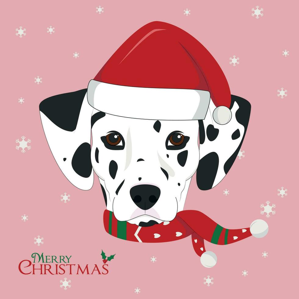 Navidad saludo tarjeta. dálmata perro con rojo de santa sombrero vector