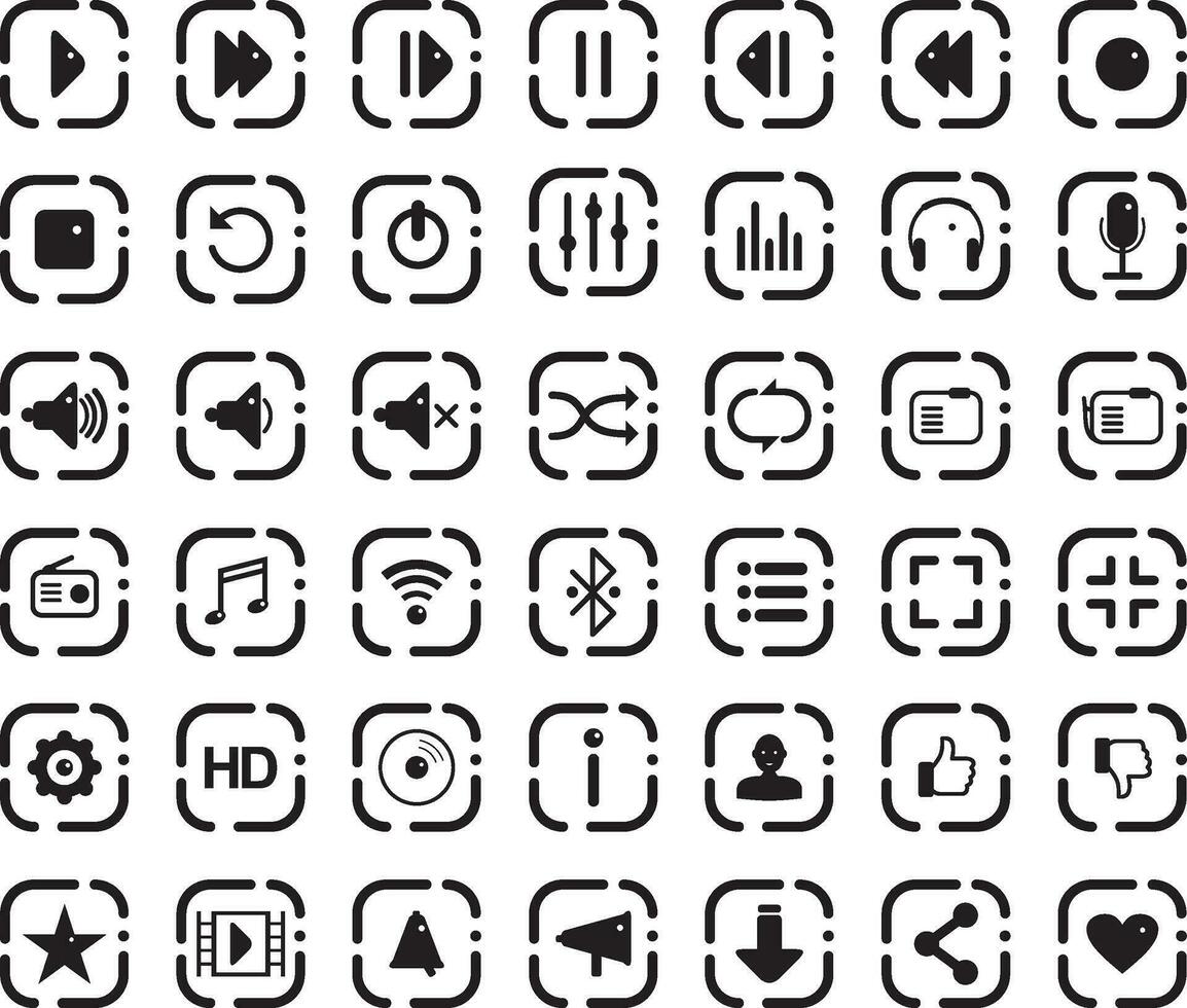 Vector set of icons for music player. Colored icons for sites on the Internet, buttons Start, pause, stop, rewind