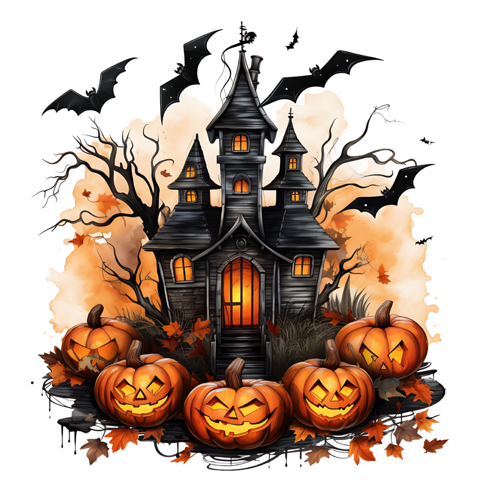 Watercolor Spooky Halloween Haunted House Illustration template AI Generated. Happy Halloween haunted house ready for t shirt, print, tee, banner, mug. Generative AI png