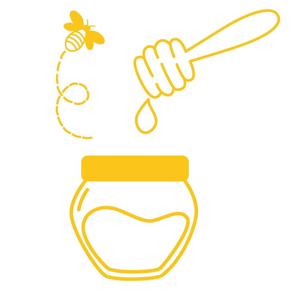 Honey icon. Glass pot full of honey and bee. Vector hand draw illustration isolated on white background.