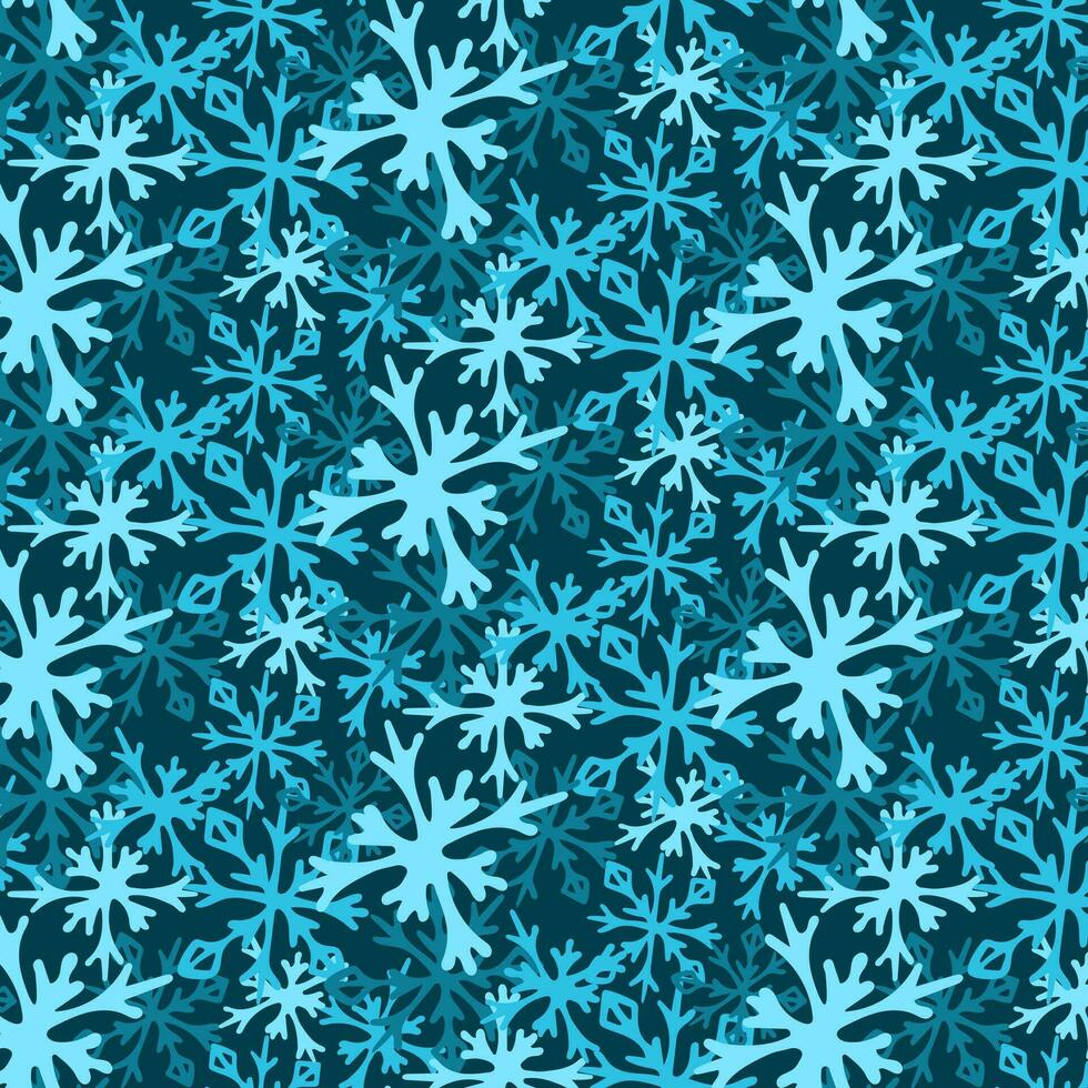 silueta monocromo azul copos de nieve sin costura modelo en oscuro antecedentes. mano dibujado silueta copos de nieve. plano minimalista diseño vector