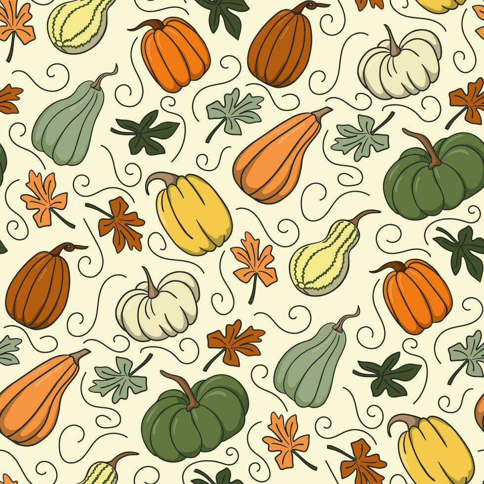 Cosy autumn pumpkins pattern on white background. Green, white, orange and brown cartoon pumpkins. Cute design for wrappin, decoration, home decor, kids textile vector