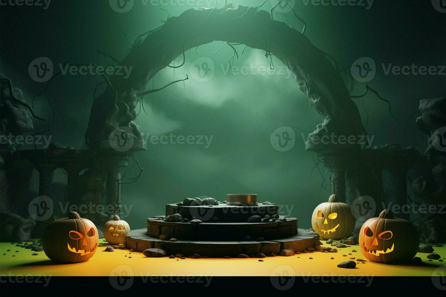 Ghoulish 3D podium, perfect for promoting products with eerie flair AI Generated photo
