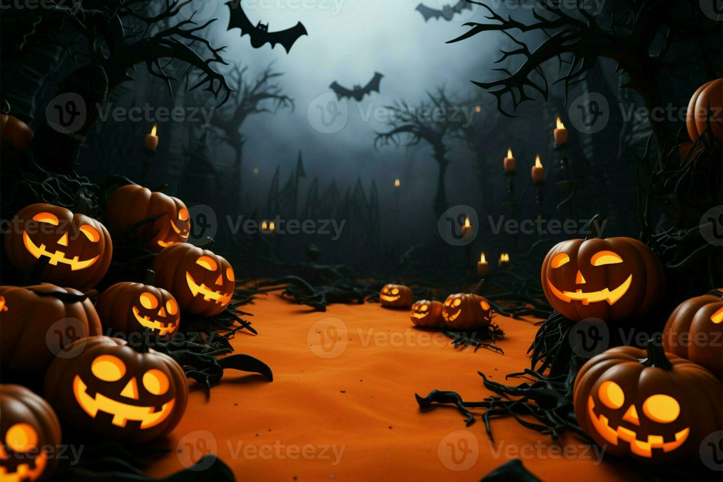 Frightening Halloween night frame, featuring bats and menacing jack o lanterns AI Generated photo