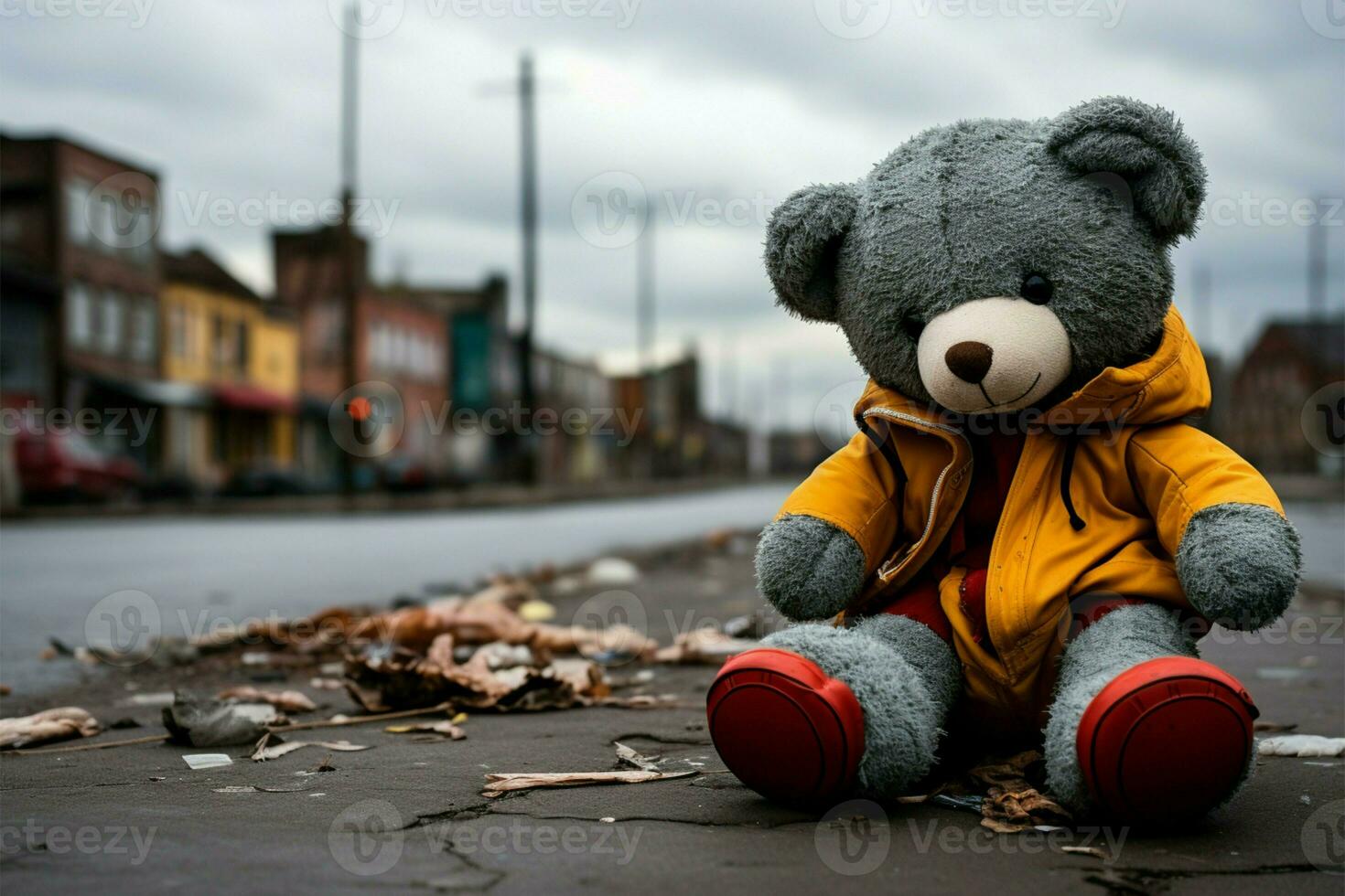 Street side, a weathered, cherished soft toy lies alone and forgotten AI Generated photo
