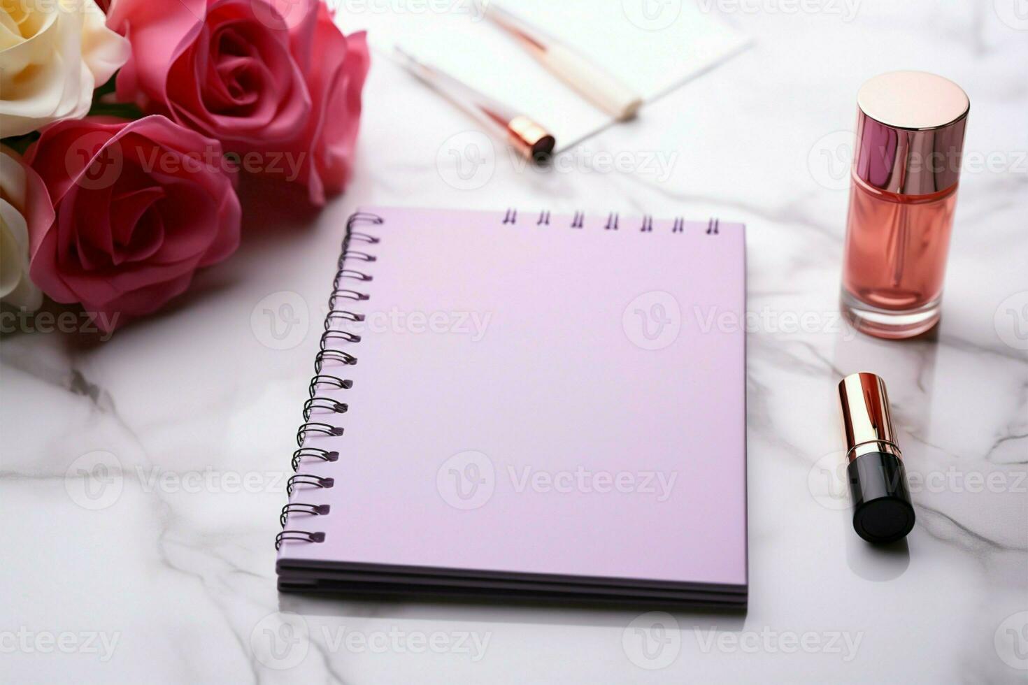 Chic arrangement notepad, pen, and nail polish on marble surface AI Generated photo