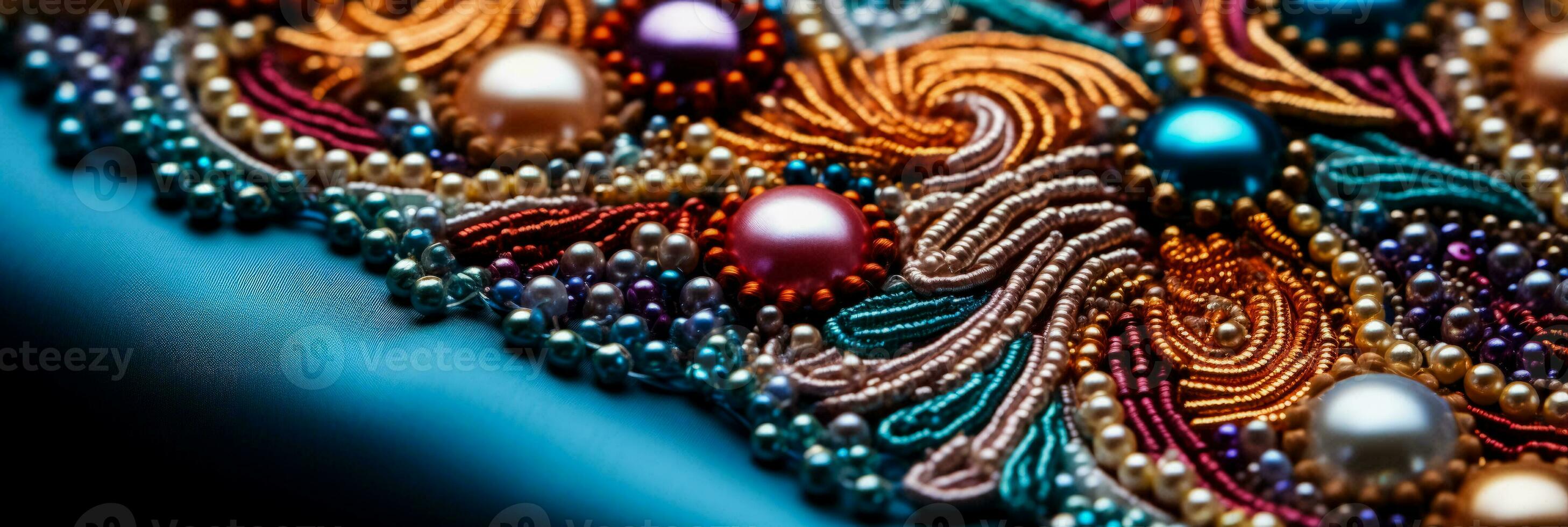 Macro captures of bead embroidery details on assorted soft textile backgrounds photo
