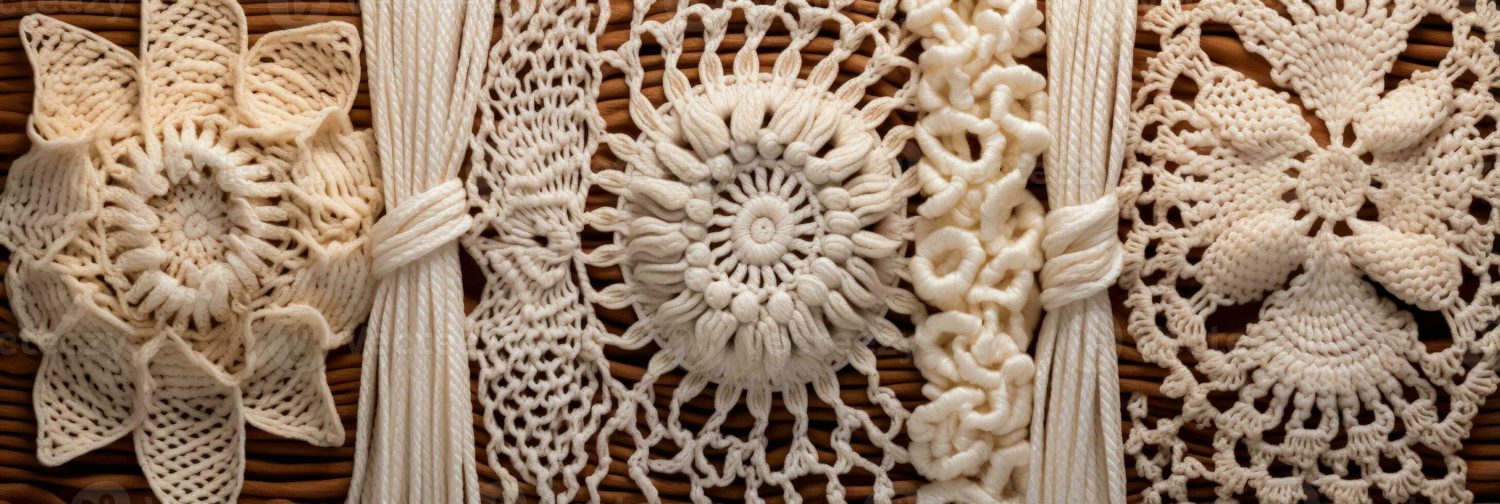 Detailed images presenting handmade macrame and crochet patterns on soft textiles photo