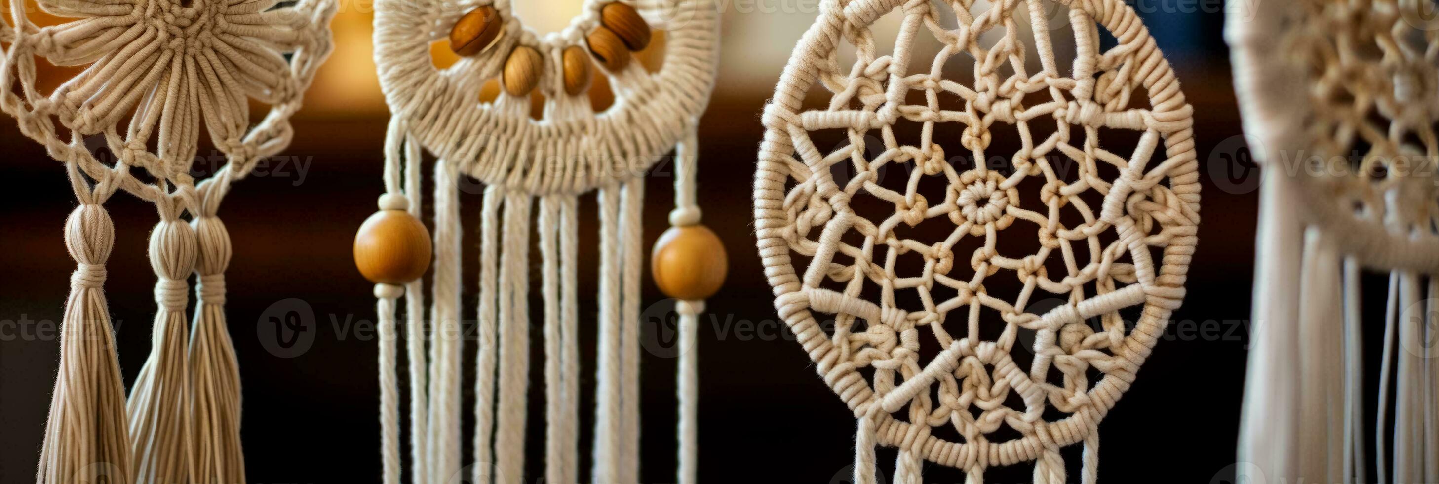 Close up images displaying the delicate details of handmade macrame designs photo