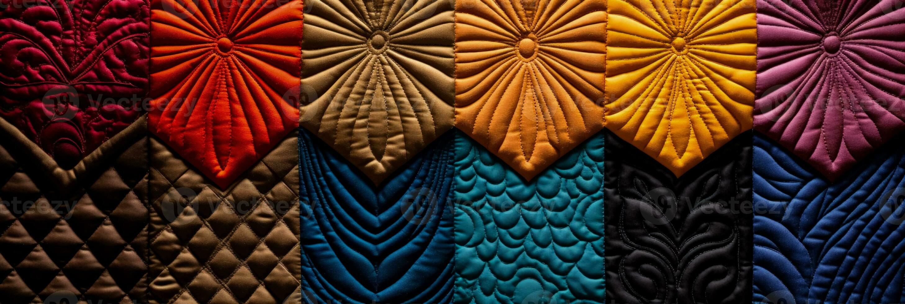 Extreme close ups of elaborate quilting patterns on diverse textile backgrounds photo