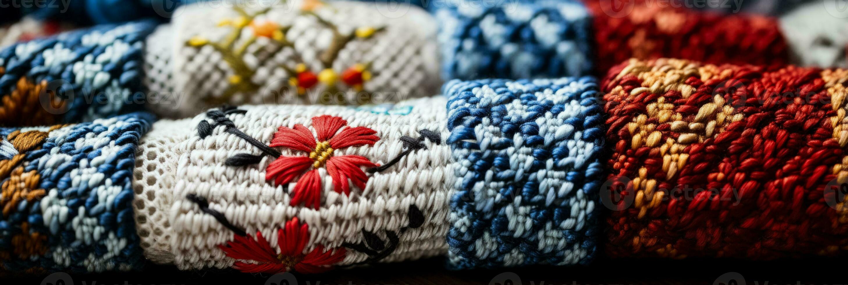 Close up captures of traditional cross stitch patterns on rustic textile backgrounds photo