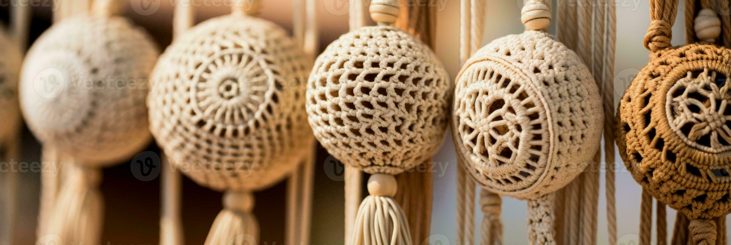 Close up images displaying the delicate details of handmade macrame designs photo