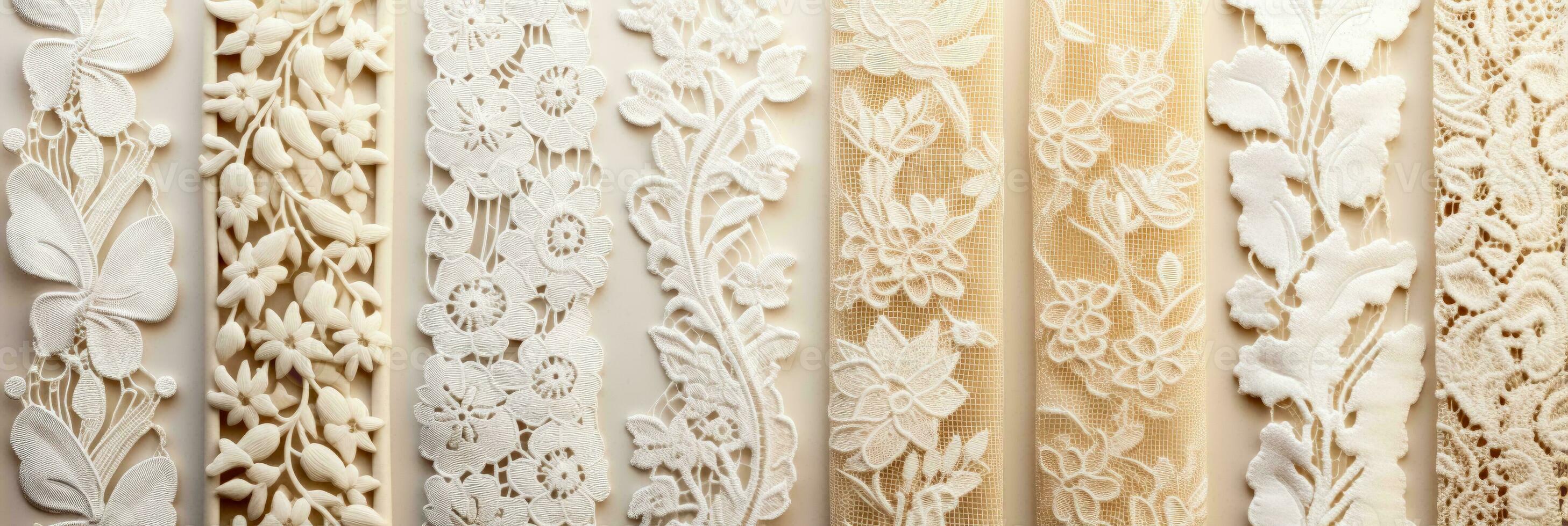 Delicate vintage lace patterns intricately woven on cream colored textile backgrounds photo