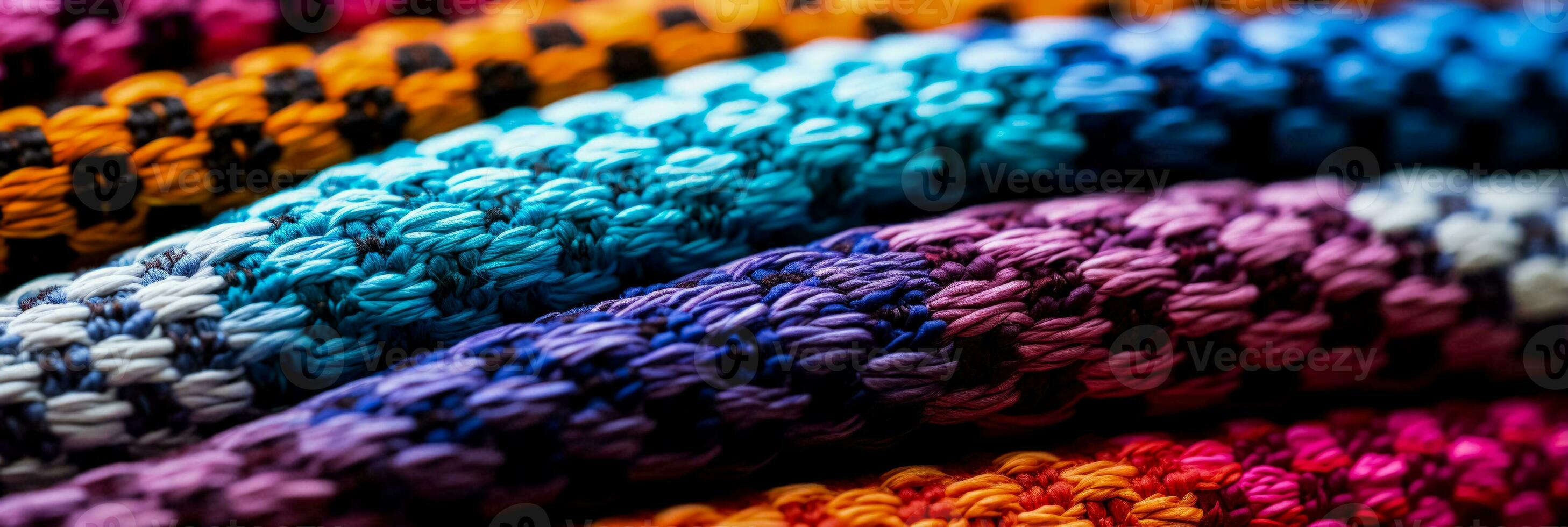 Close up imagery showcasing vibrant cross stitch patterns on linen textile backgrounds photo