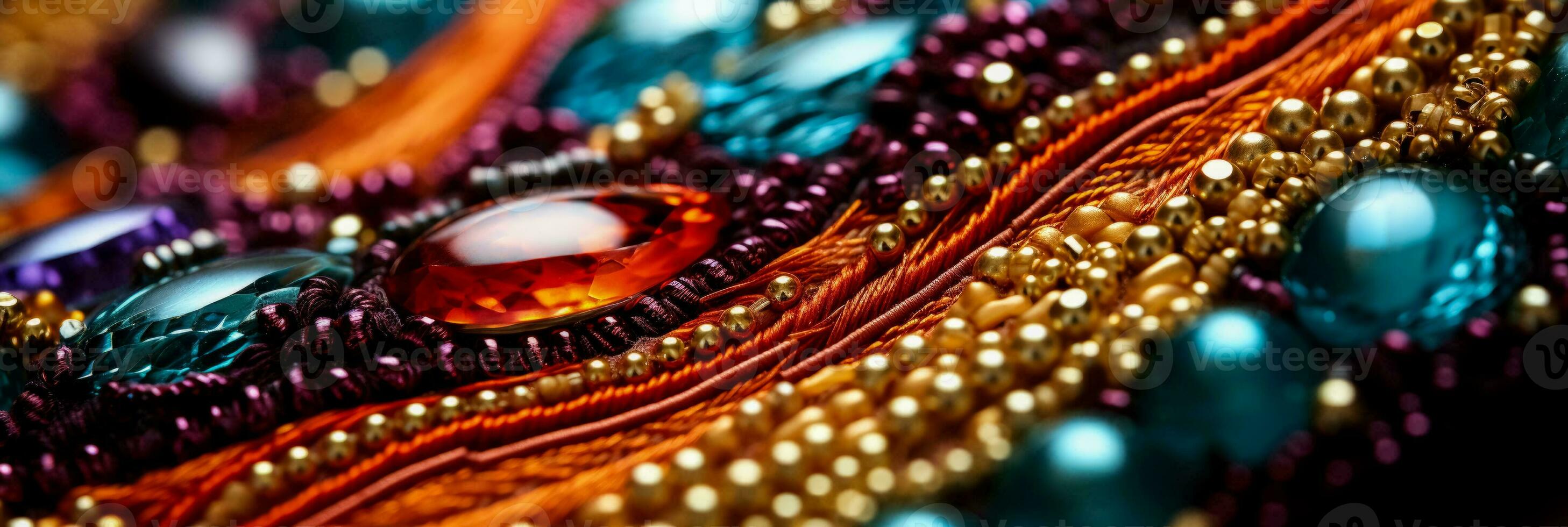 Macro photography showcasing bead embroidery details on diverse textile backgrounds photo
