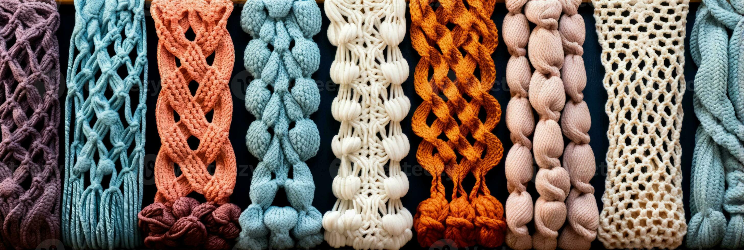 Detailed images presenting handmade macrame and crochet patterns on soft textiles photo