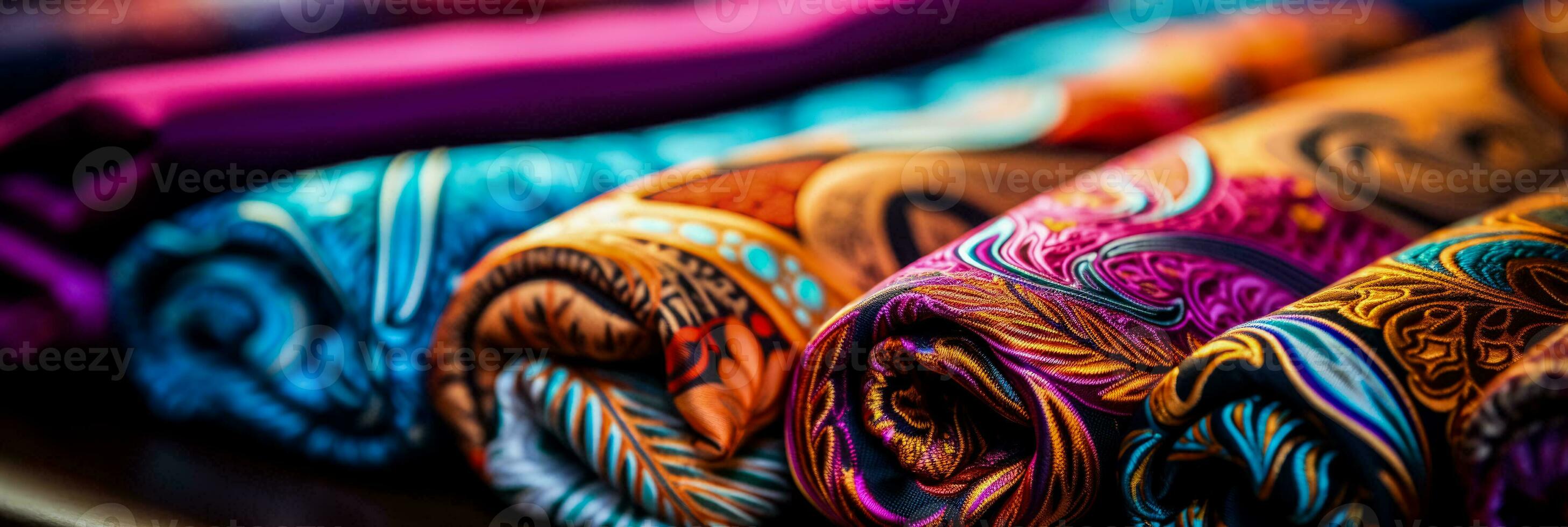 Close ups highlighting detailed paisley designs on a variety of textile materials photo