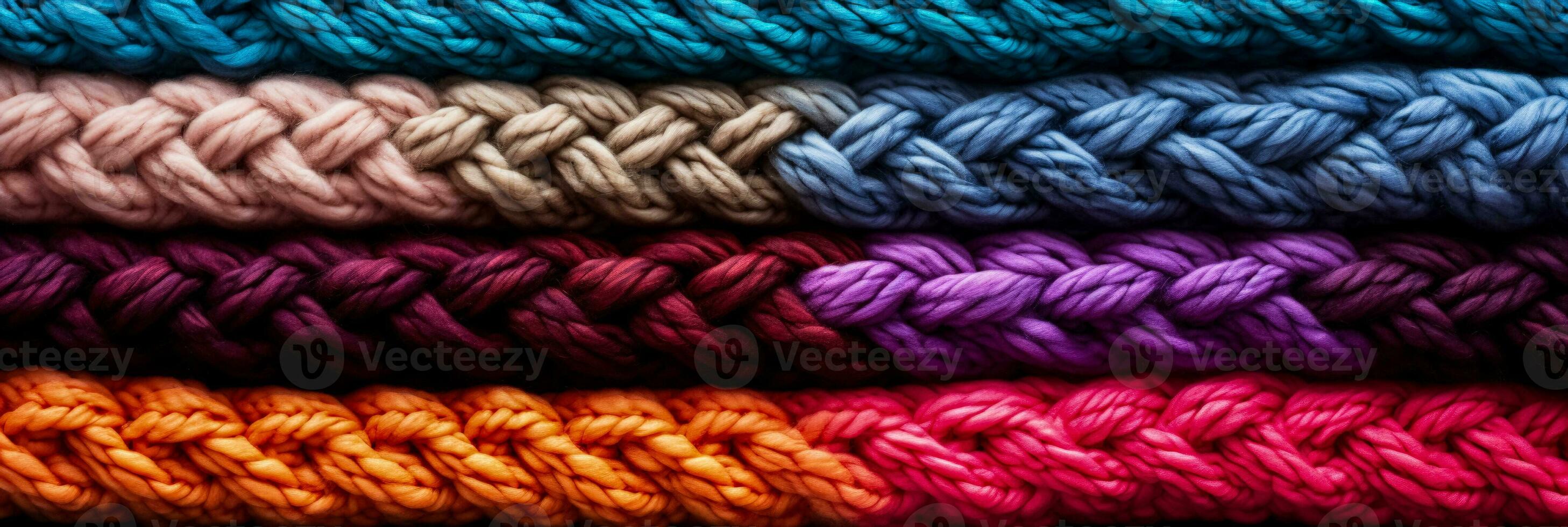 Macro perspective showcasing complex texture in multi colored knitted wool backgrounds photo