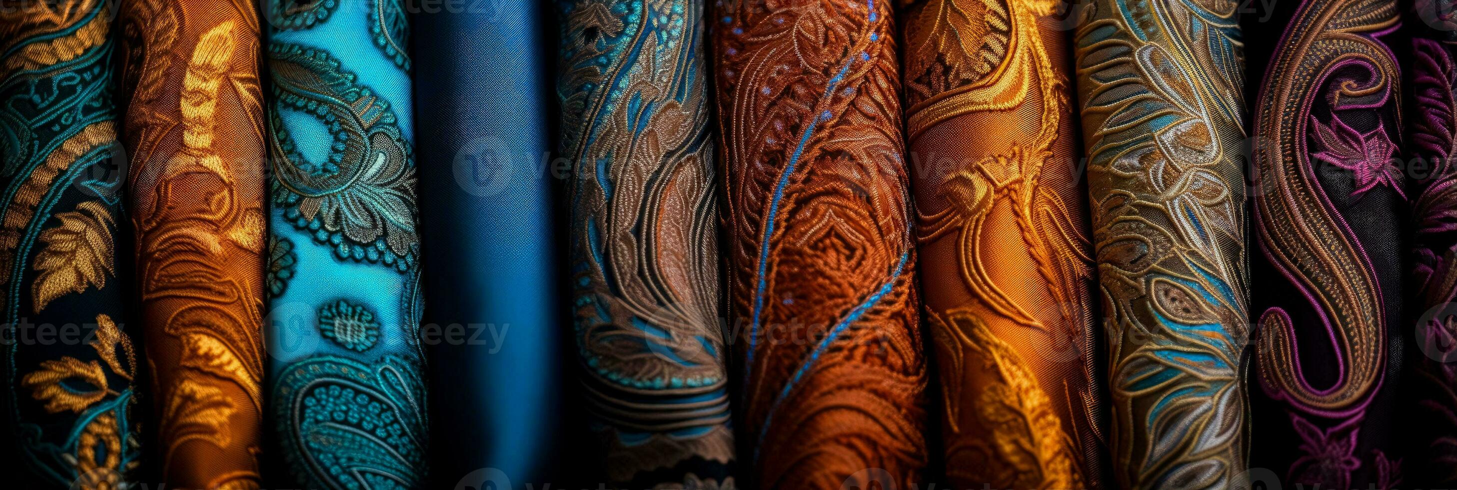 Detail oriented imagery of paisley patterns displayed on a variety of textiles photo