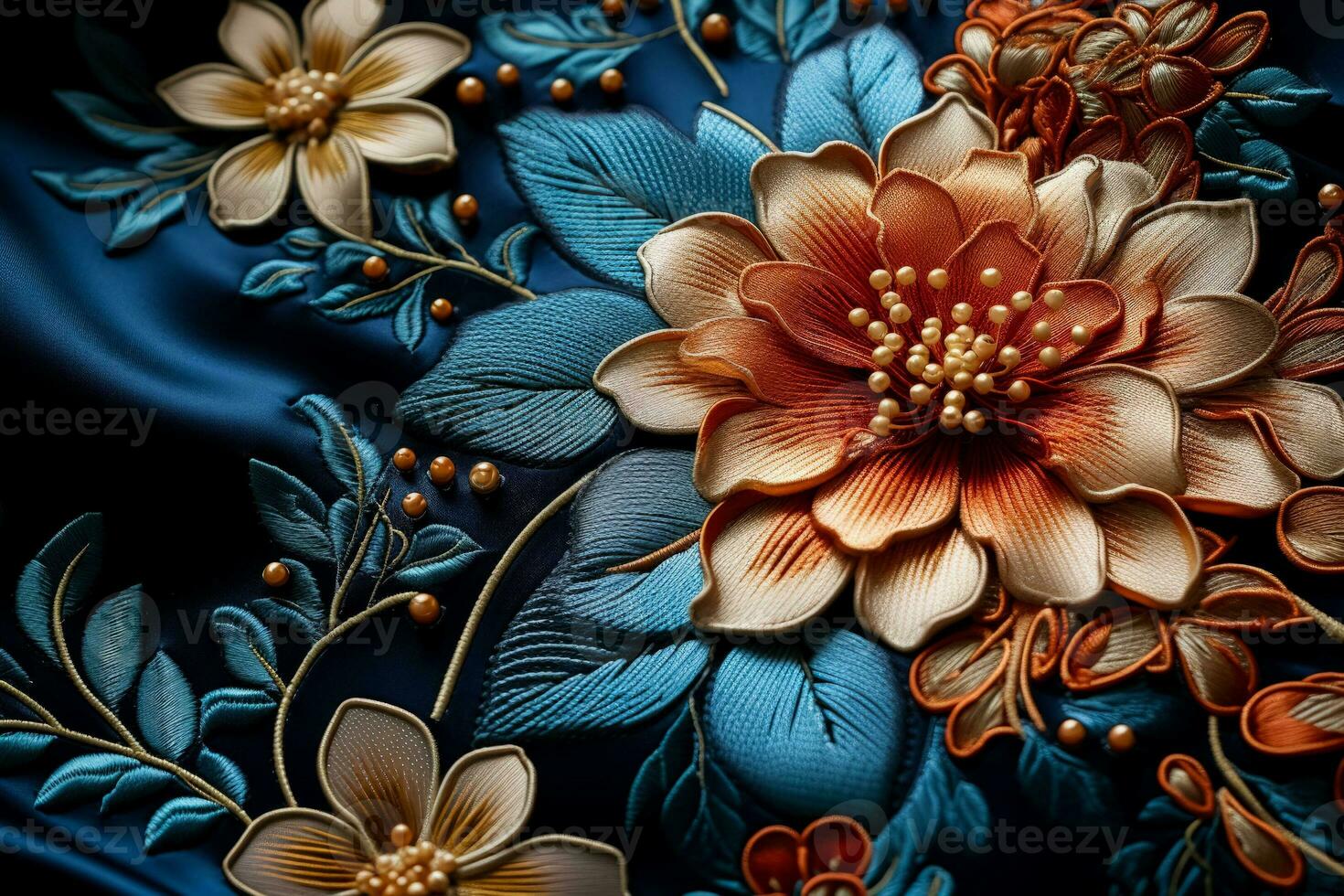 Intricate embroidery embellishments on richly colored silk textile backgrounds photo
