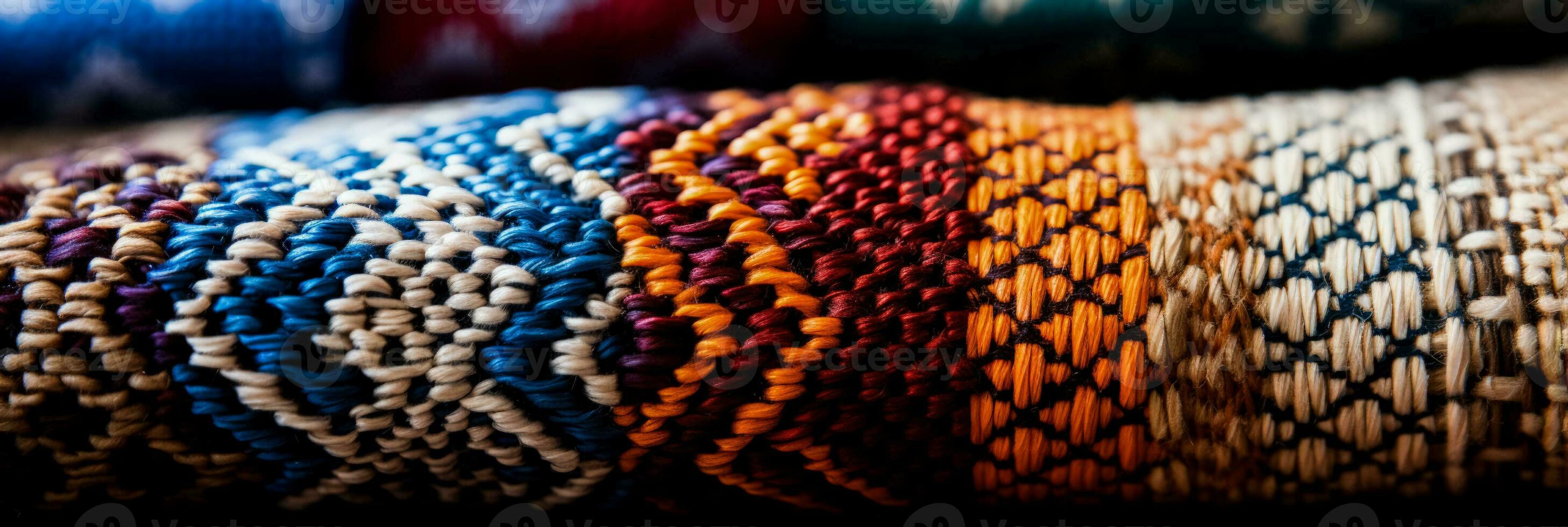 Close up captures of traditional cross stitch patterns on rustic textile backgrounds photo