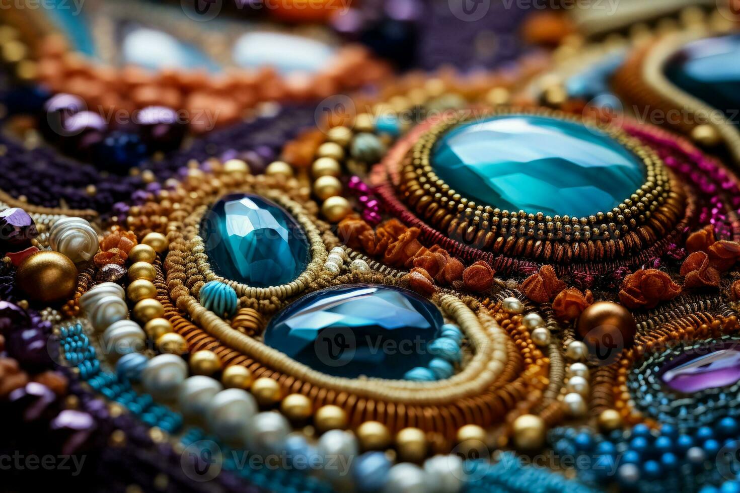 Macro photography showcasing bead embroidery details on diverse textile backgrounds photo
