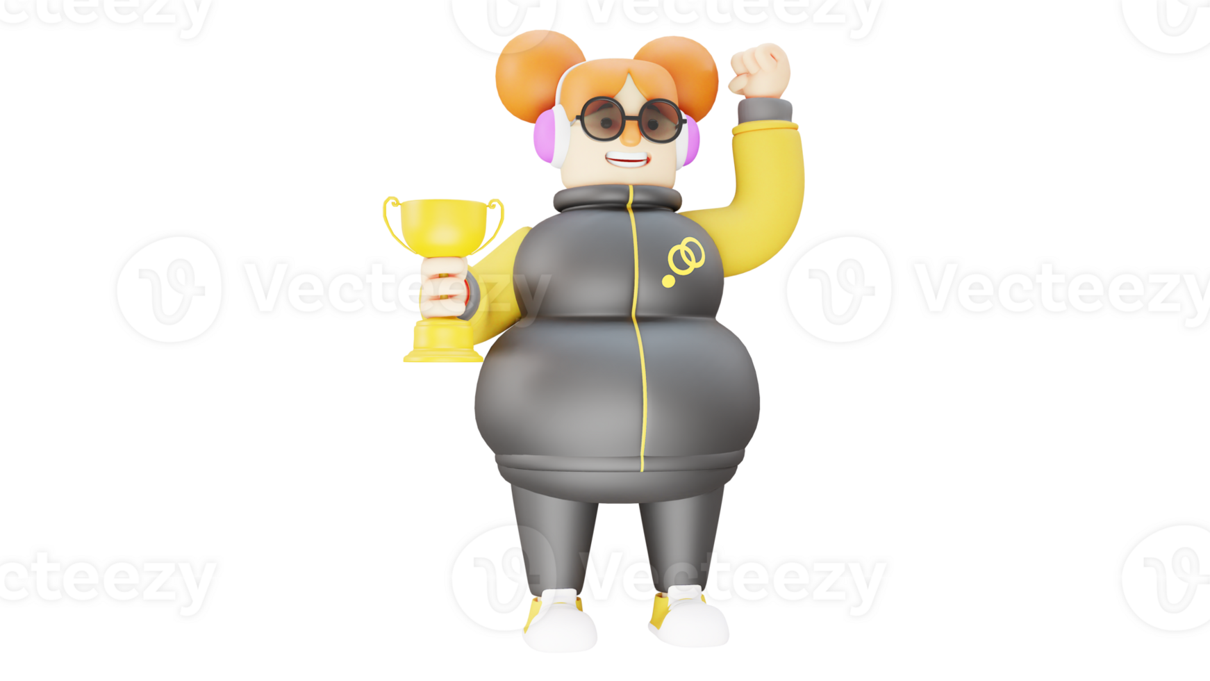 3D illustration. Lucky girl 3D cartoon character. A great fat girl can win a competition. The best girl holds a gold trophy as a prize for her victory. 3D cartoon character png