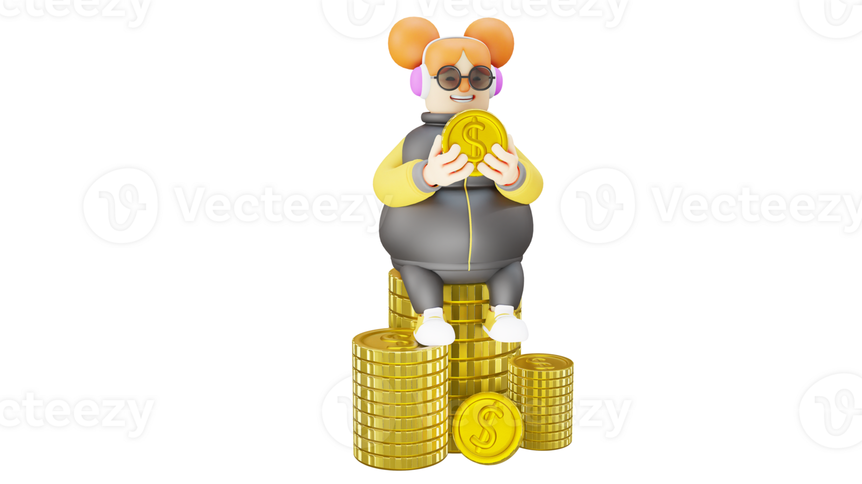 3D Illustration. Rich Women 3D cartoon character. Woman is sitting on a gold coins pile. Successfully busineswoman held a gold coin and showed his happy expressions. 3D cartoon character png