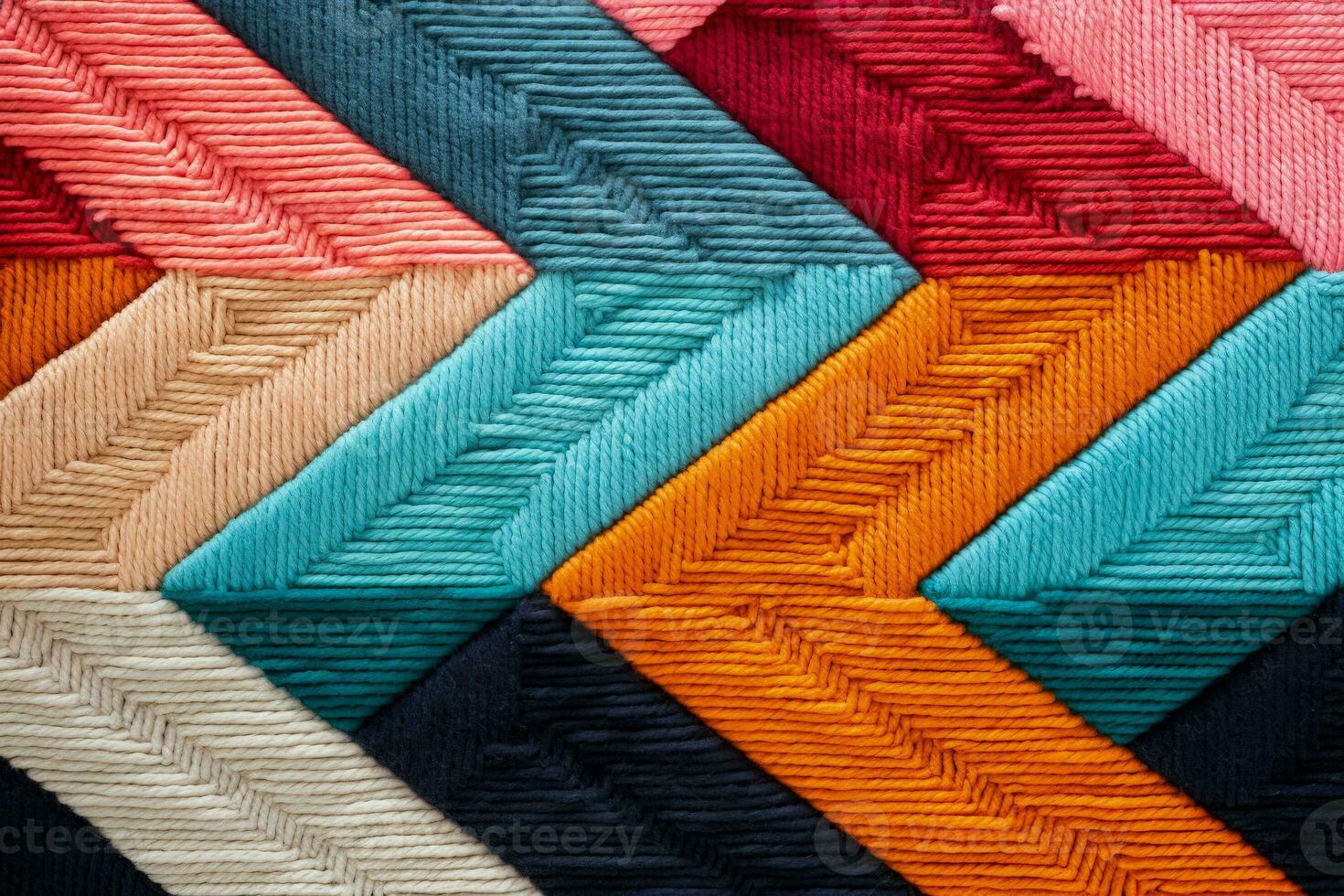 Macro exploration of vibrant geometric patterns in hand woven rugs photo
