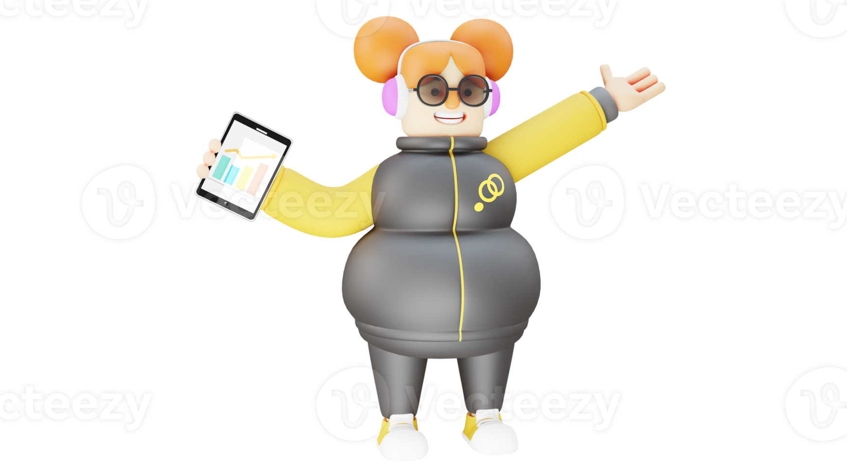 3D Illustration. Young Entrepreneurs 3D Cartoon Character. Beautiful businessmen holding a tab containing her income chart while working. Women with cool appearance. 3D cartoon character png
