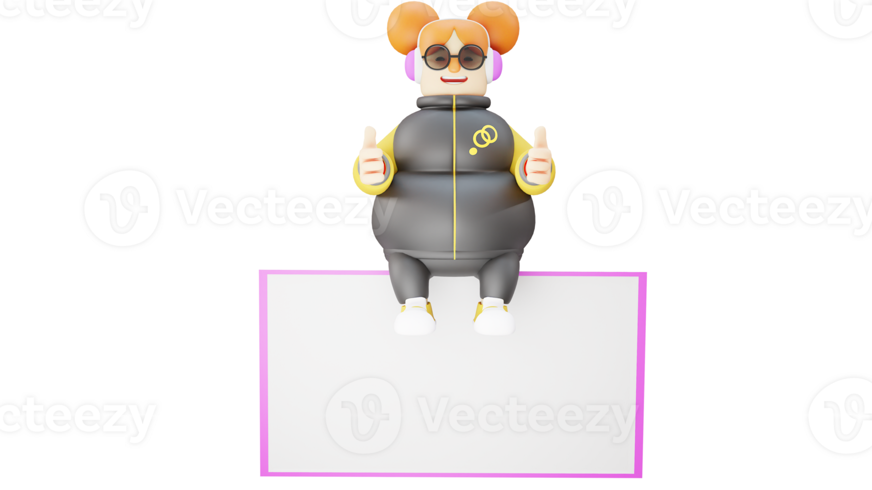 3D Illustration. Smart Student 3D Cartoon Character. The adorable student is sitting on a white blackboard. Students use a jacket and prepare to attend sports lessons. 3D cartoon character png