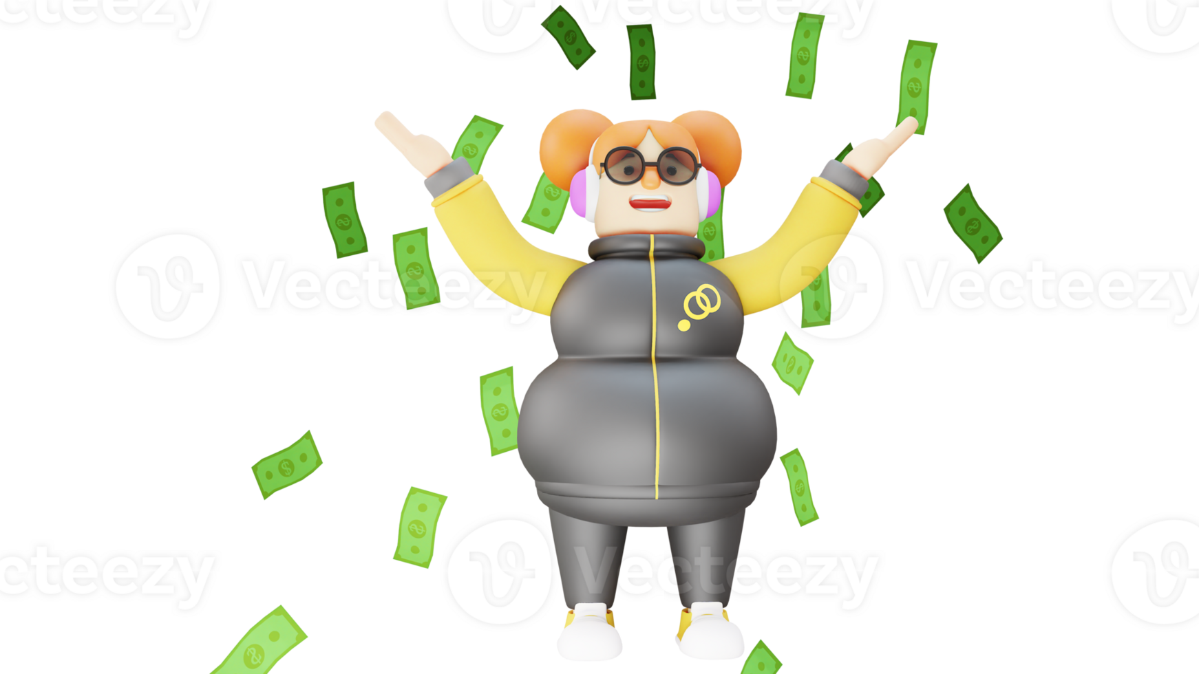 3D Illustration. Rich Girl 3D cartoon character. Rich girl standing under dollar money. A happy girl who stretched out her hands up while showing her happy smile. 3D cartoon character png