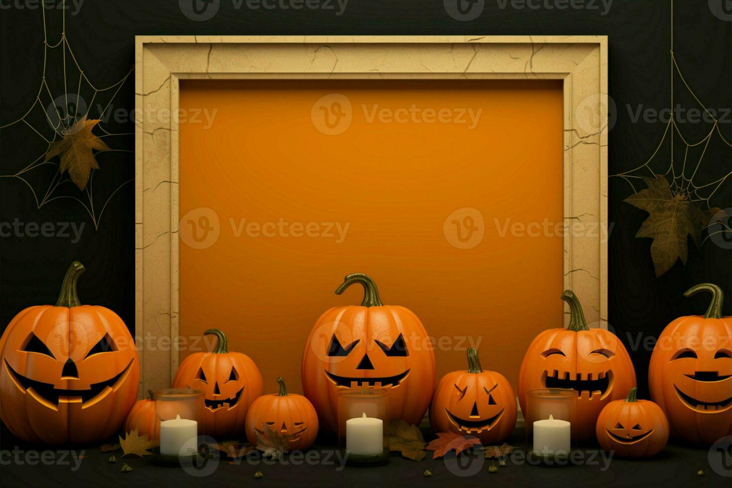 A template featuring grainy texture, framed Halloween pumpkins with varied expressions AI Generated photo